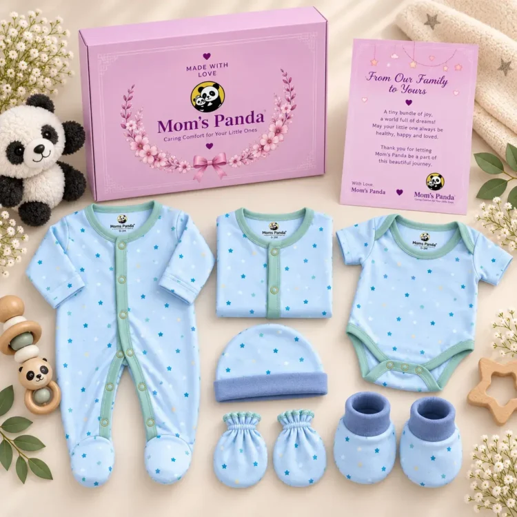 Mom’s Panda Newborn Baby Gift Box Set – 6 Pcs Blue Star Print Cotton Clothing Set (0–3 Months)