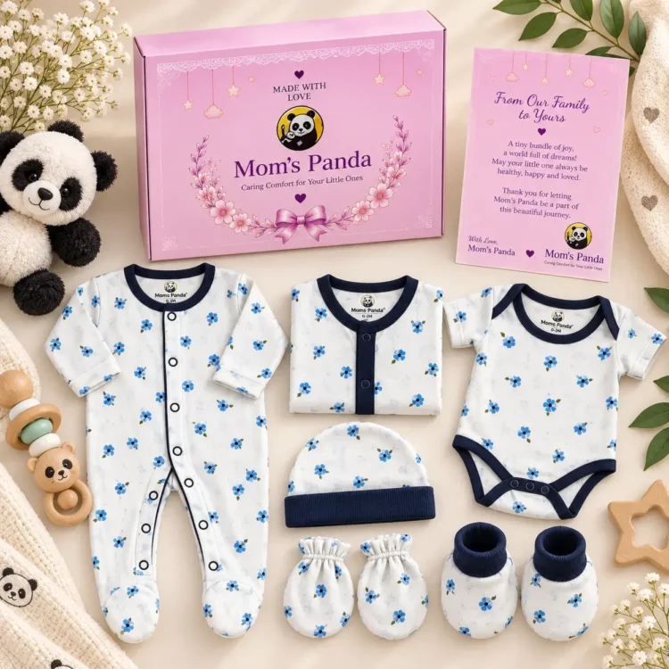 Mom’s Panda Newborn Baby Gift Box Set – 6 Pcs Floral Print Cotton Clothing Set (0–3 Months)