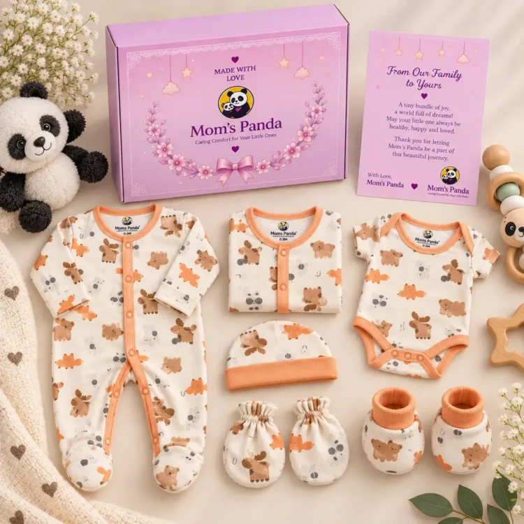 Mom’s Panda Newborn Baby Gift Box Set – 6 Pcs Woodland Animal Print Cotton Clothing Set (0–3 Months)