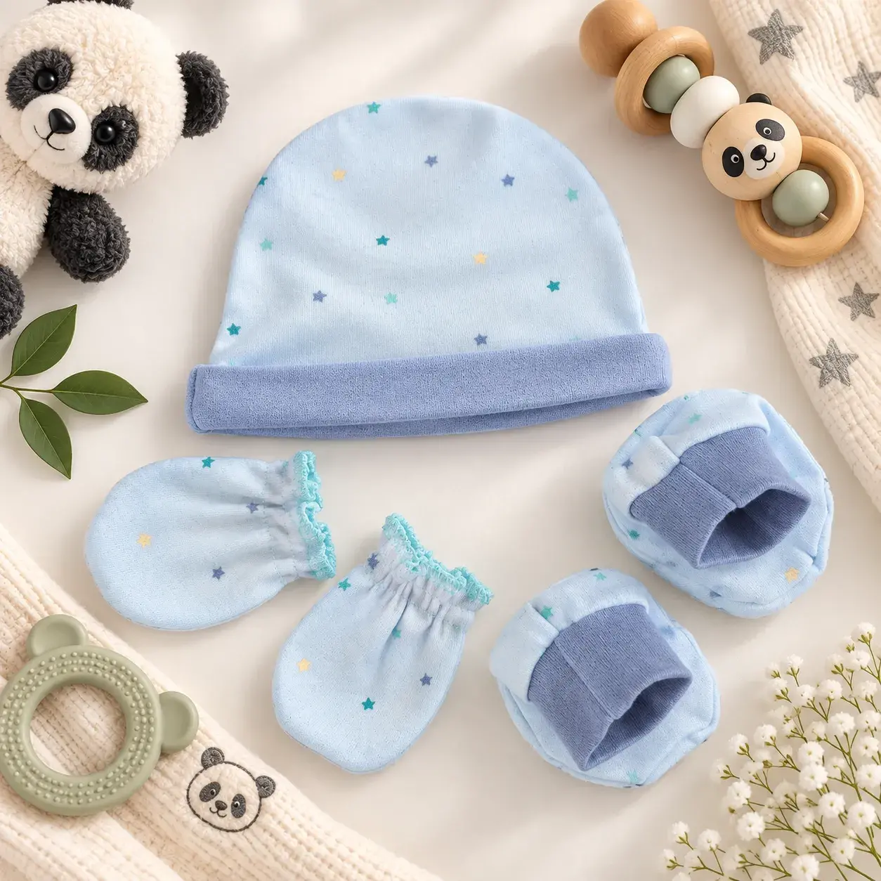 Mom’s Panda Newborn Baby Gift Box Set – 6 Pcs Blue Star Print Cotton Clothing Set (0–3 Months) - Image 3
