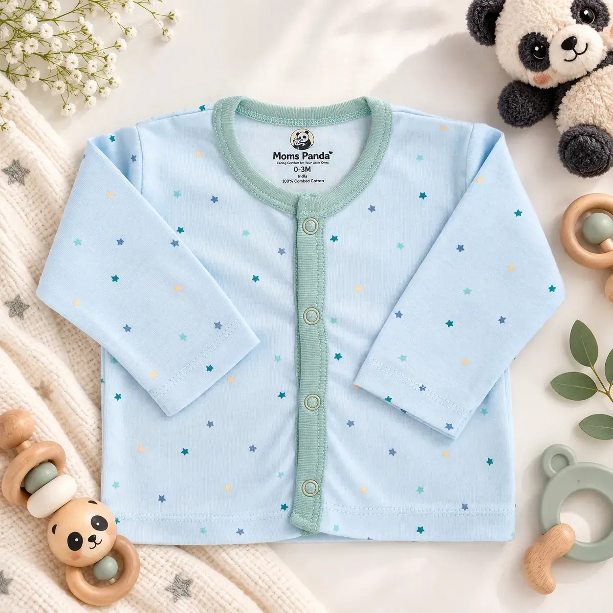 Mom’s Panda Newborn Baby Gift Box Set – 6 Pcs Blue Star Print Cotton Clothing Set (0–3 Months) - Image 5