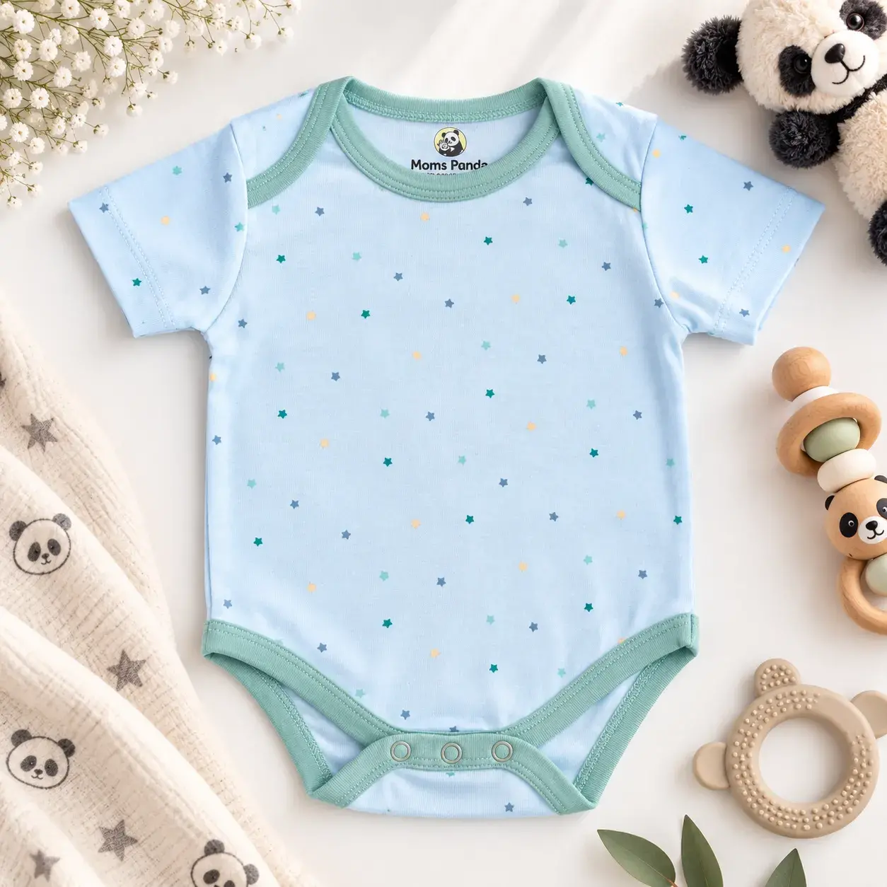 Mom’s Panda Newborn Baby Gift Box Set – 6 Pcs Blue Star Print Cotton Clothing Set (0–3 Months) - Image 4