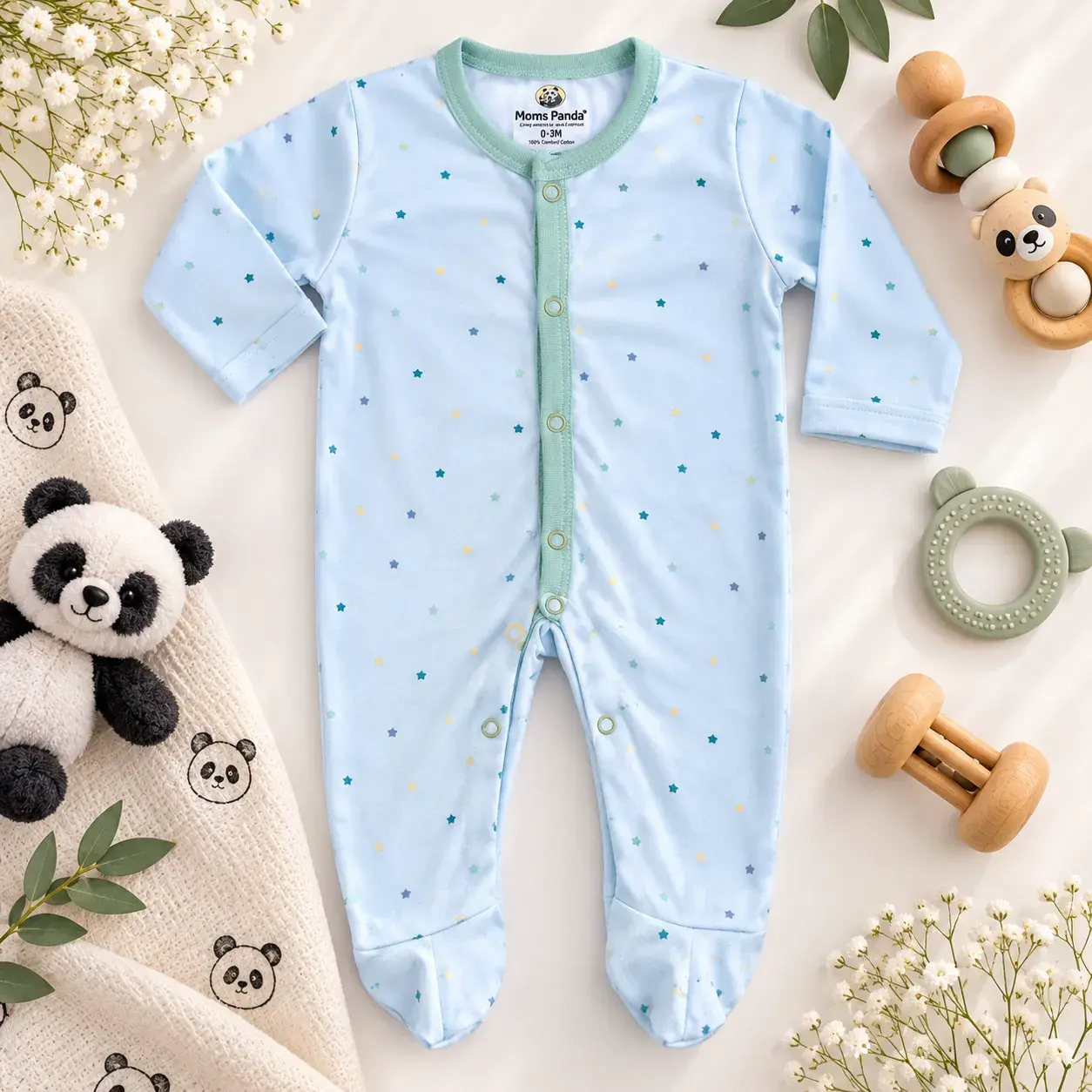 Mom’s Panda Newborn Baby Gift Box Set – 6 Pcs Blue Star Print Cotton Clothing Set (0–3 Months) - Image 6
