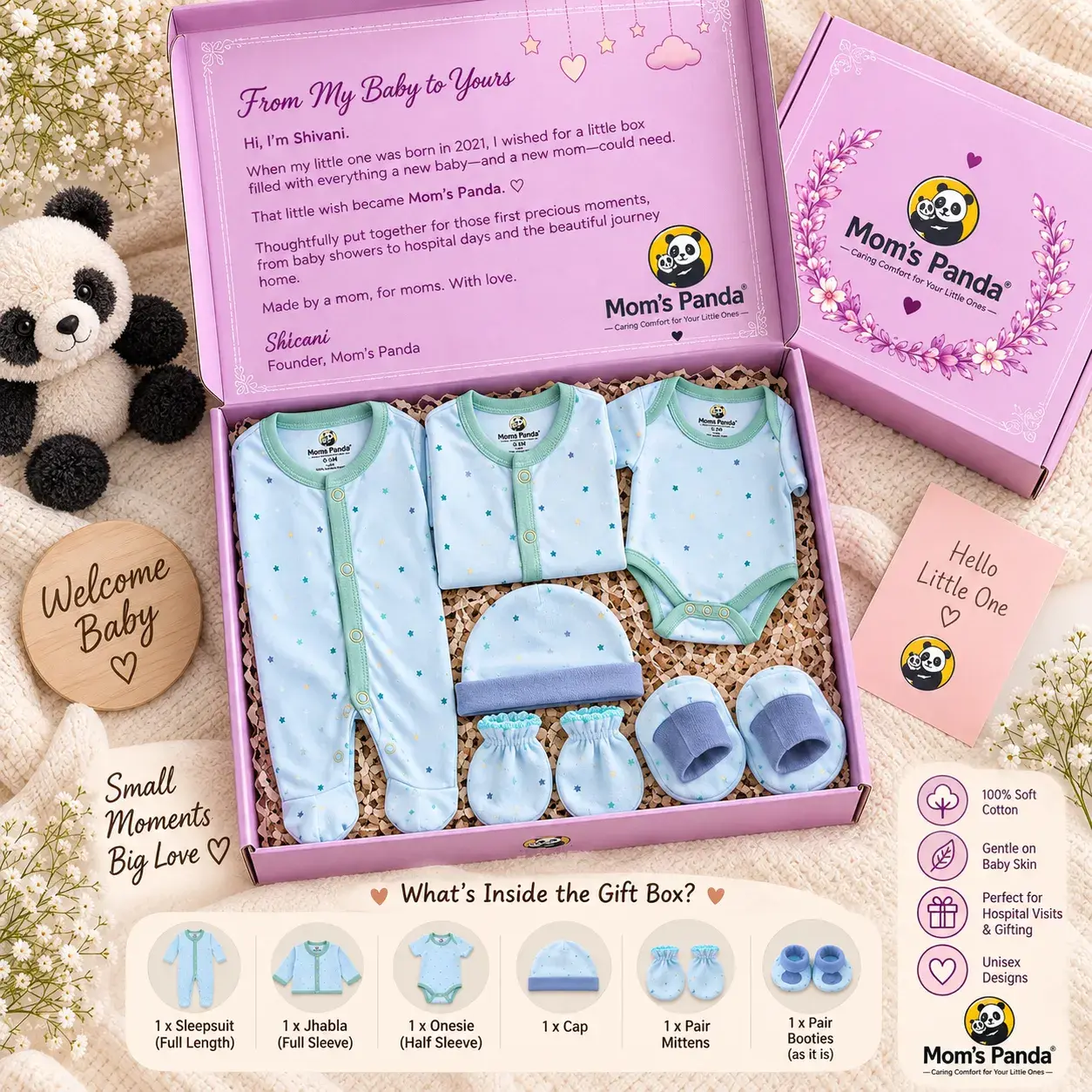 light sky blue colour sleepsuit, jhabla, onesie, cap, mittens, and booties with gift box
