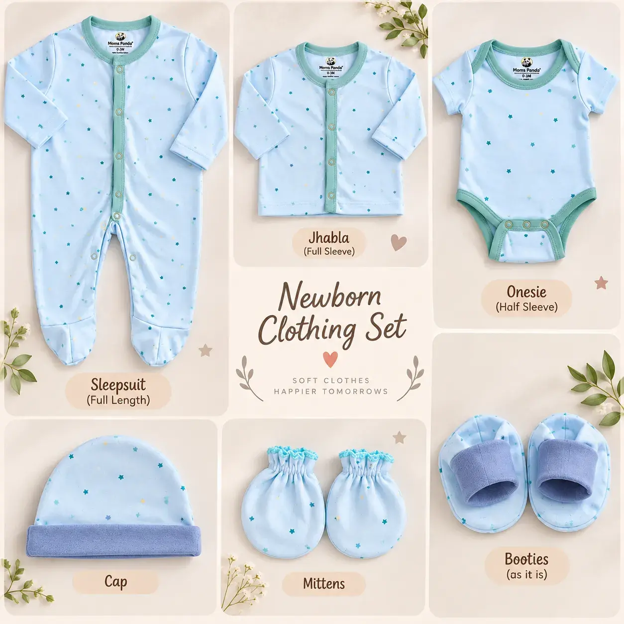 Mom’s Panda Newborn Baby Gift Box Set – 6 Pcs Blue Star Print Cotton Clothing Set (0–3 Months) - Image 7